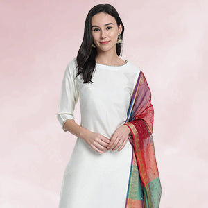 Women's Off-White Poly Silk Solid Kurta with Pant and Colorful Dupatta
