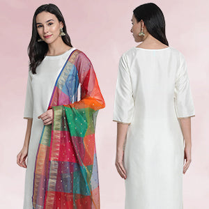 Women's Off-White Poly Silk Solid Kurta with Pant and Colorful Dupatta