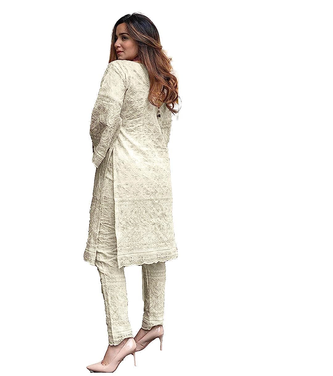 Off White Women's Cotton Blend  Beautiful Chikankari Kurta  - L