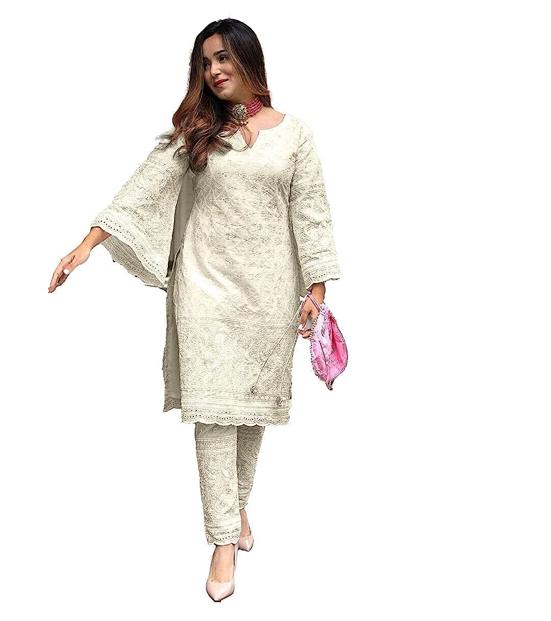 Off White Women's Cotton Blend  Beautiful Chikankari Kurta  - L